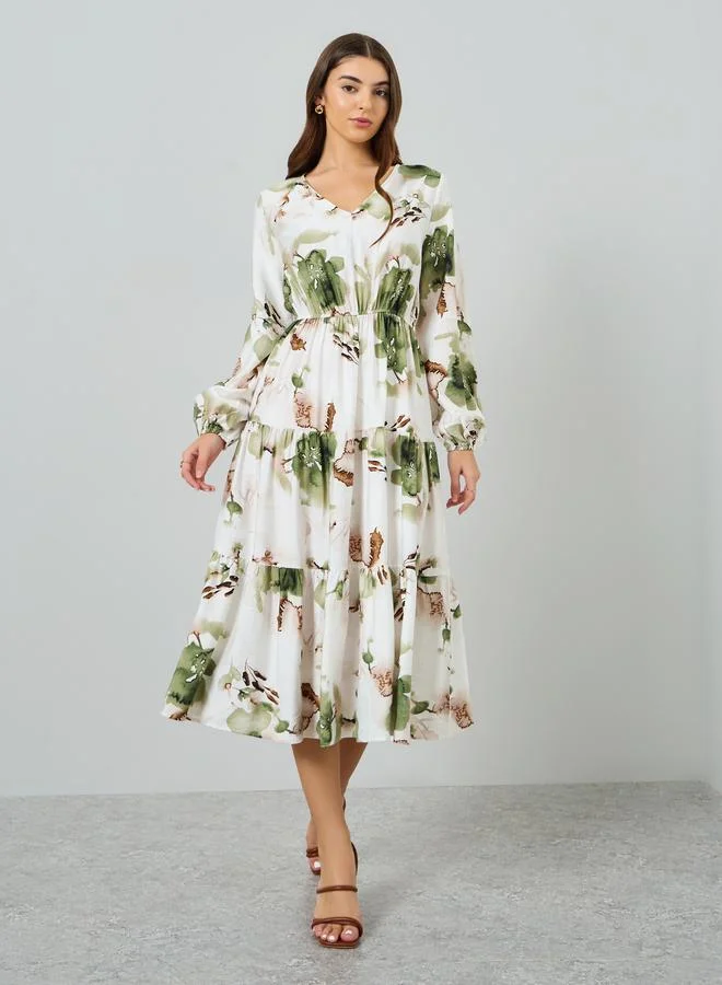 Styli Women Green Floral Print Balloon Sleeves Midi Dress